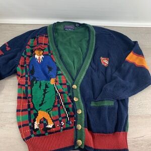 Vintage Hathaway Hand Intarsia Golf Cardigan Sweater Navy Plaid Cotton Large